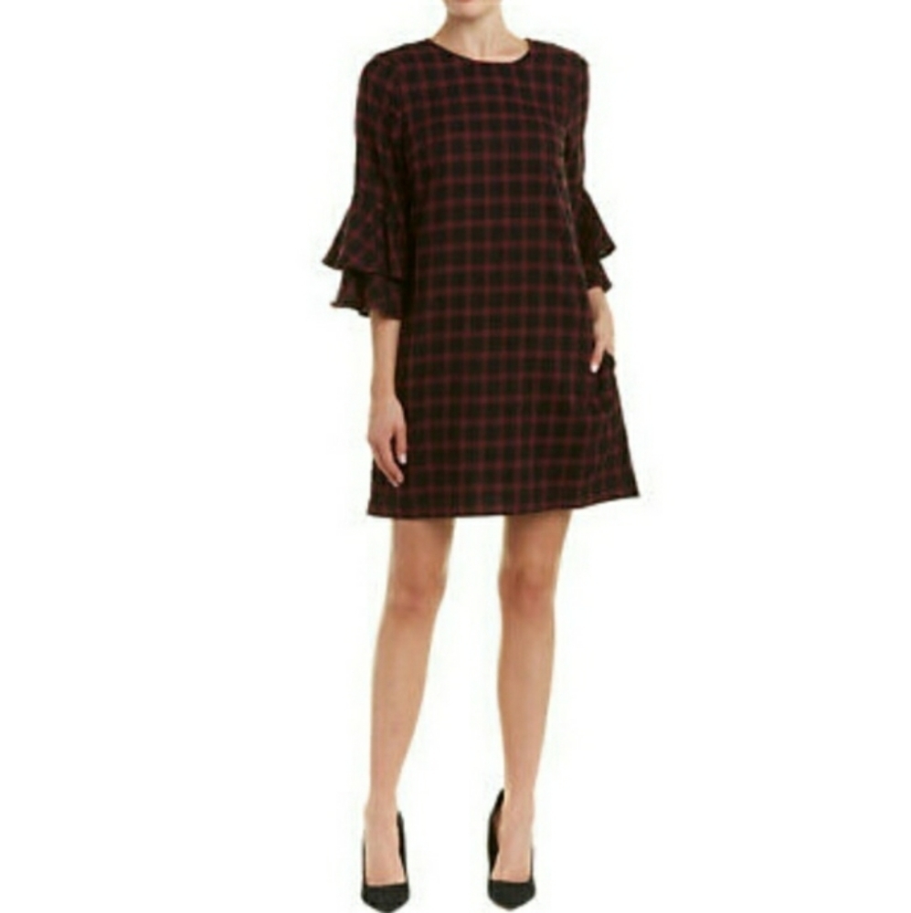 ⭐BEACHLUNCHLOUNGE Red Black Check Dress Ruffle Bell Sleeve Buffalo Cotton Medium